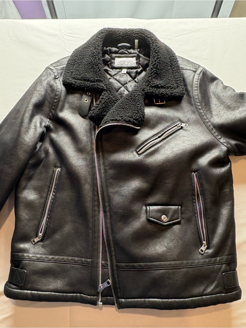 Calvin Klein Women’s  Black Shearling Collar Moto Jacket | Faux Leather